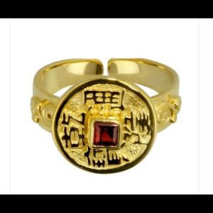 SAJEN-Gold-Plated Chinese Coin,Garnet Vermeil Ring